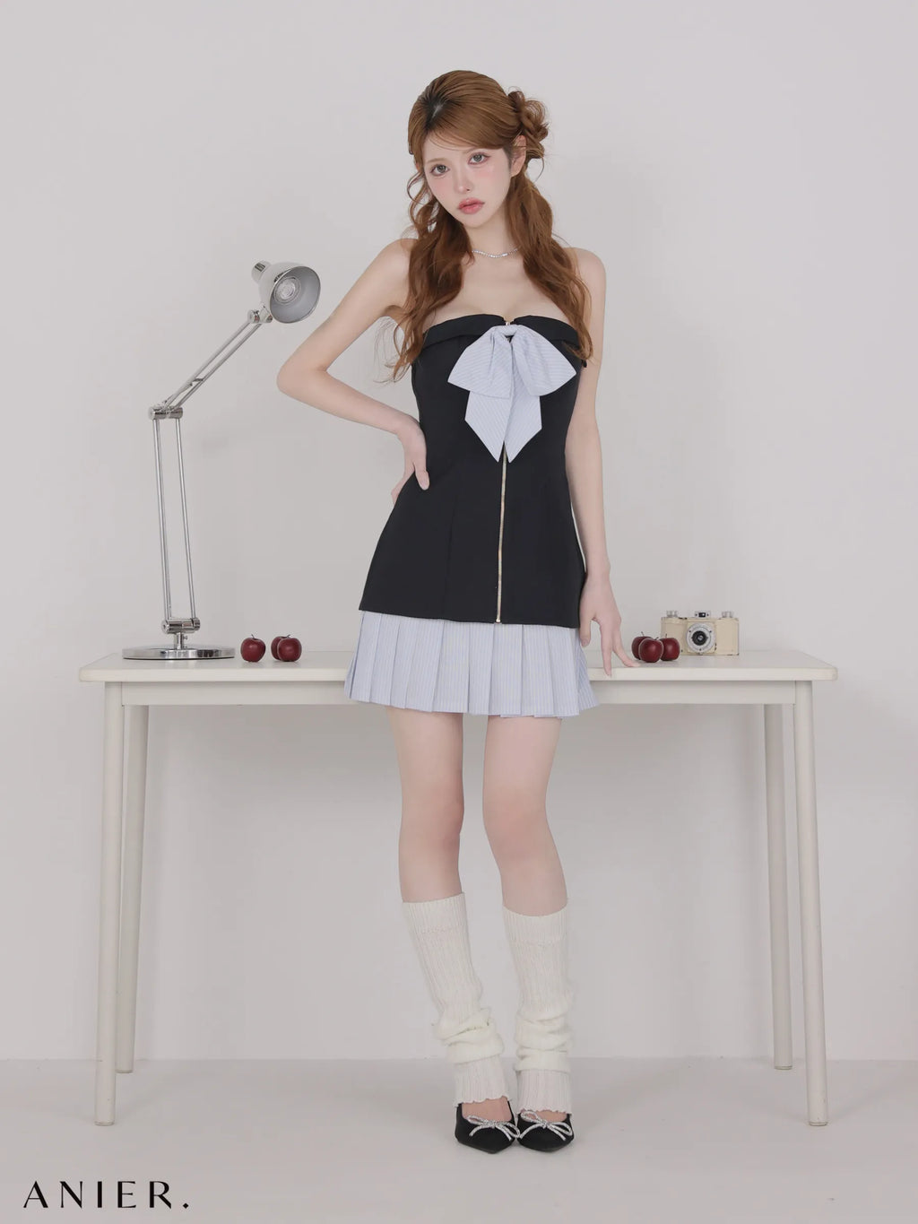 springstripe ribbon bare mini dress（anier4067）