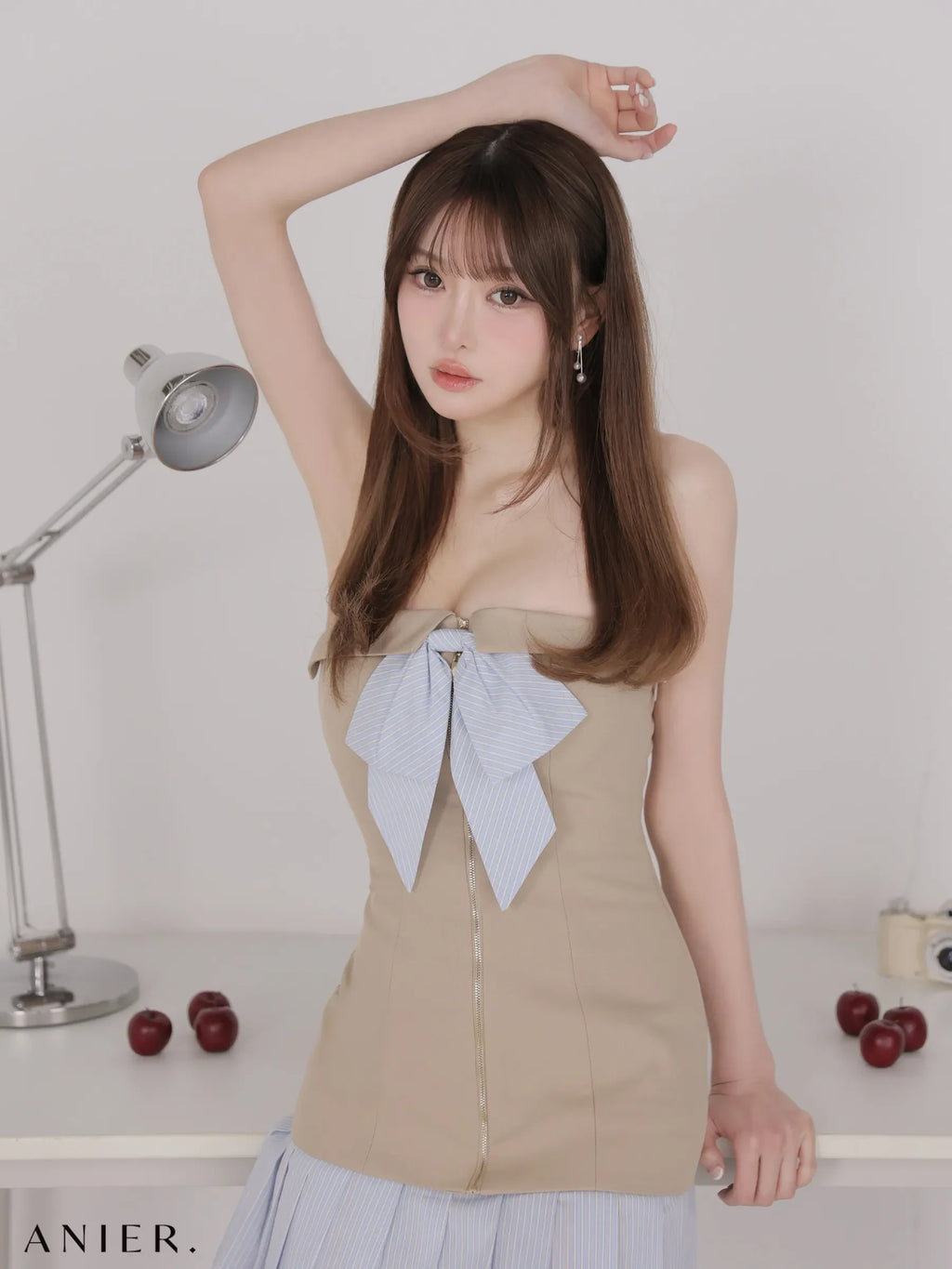 springstripe ribbon bare mini dress（anier4067）