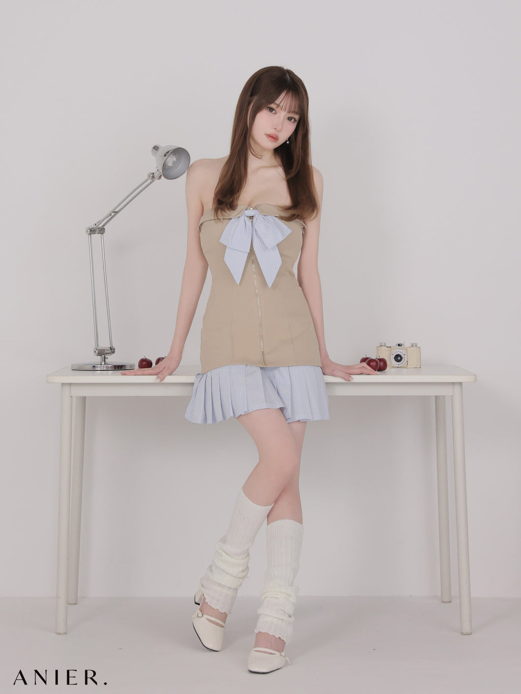 【XSサイズあり】 springstripe ribbon bare mini dress（anier4067）