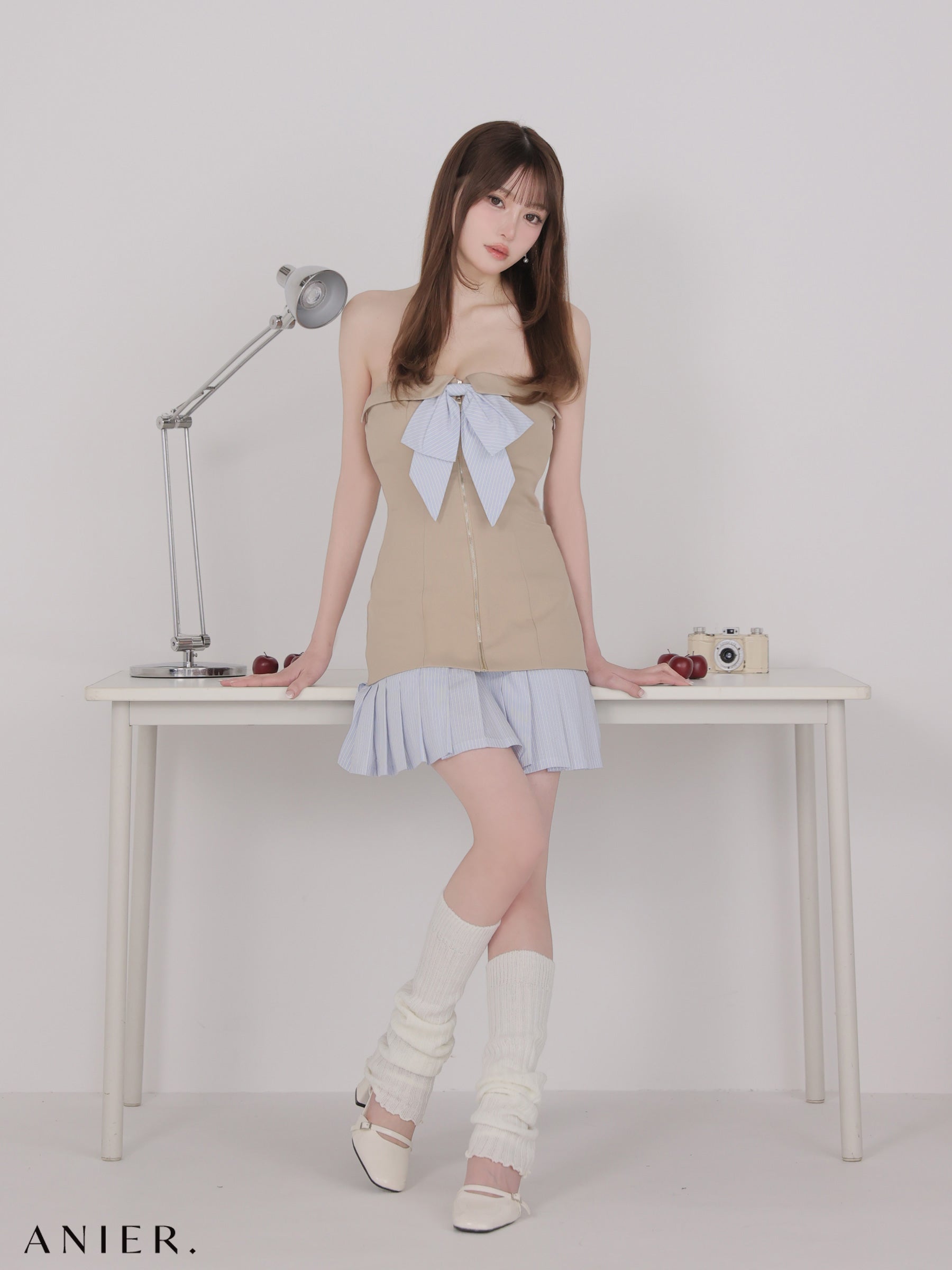 【XSサイズあり】 springstripe ribbon bare mini dress（anier4067）