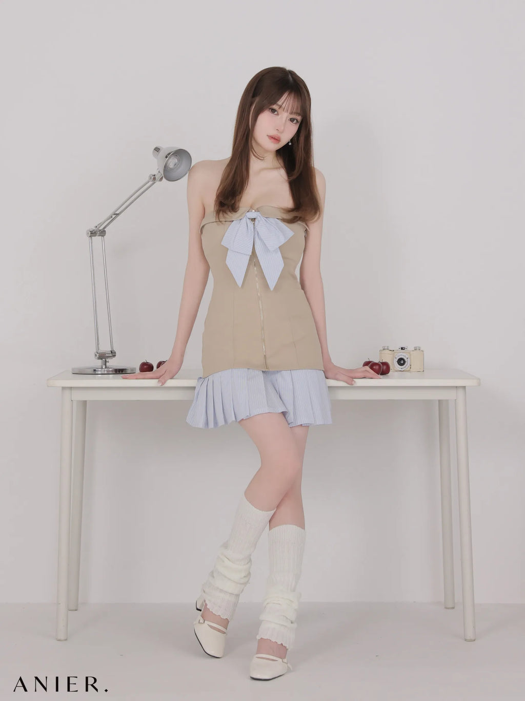 springstripe ribbon bare mini dress（anier4067）