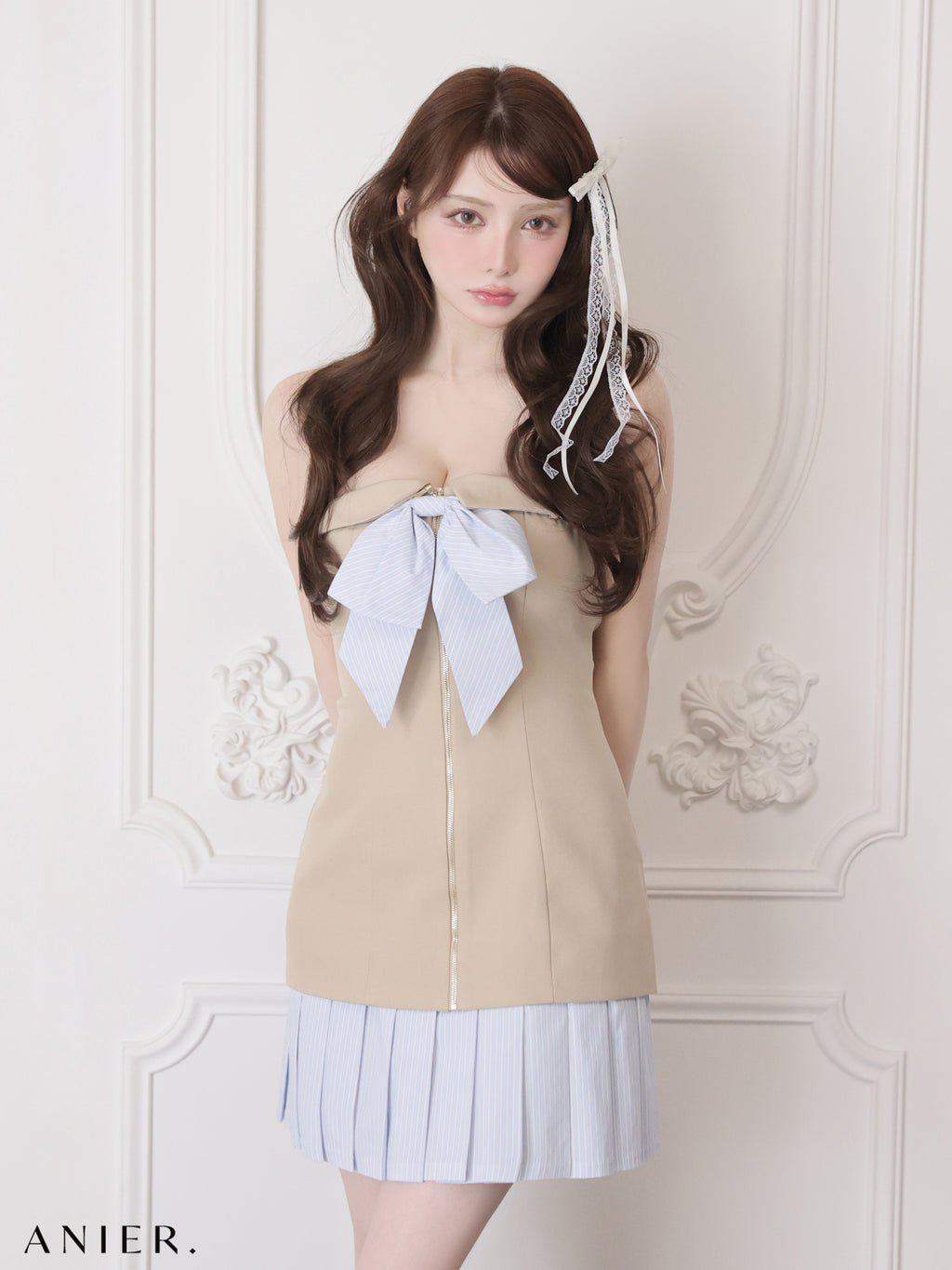 【XSサイズあり】 springstripe ribbon bare mini dress（anier4067）