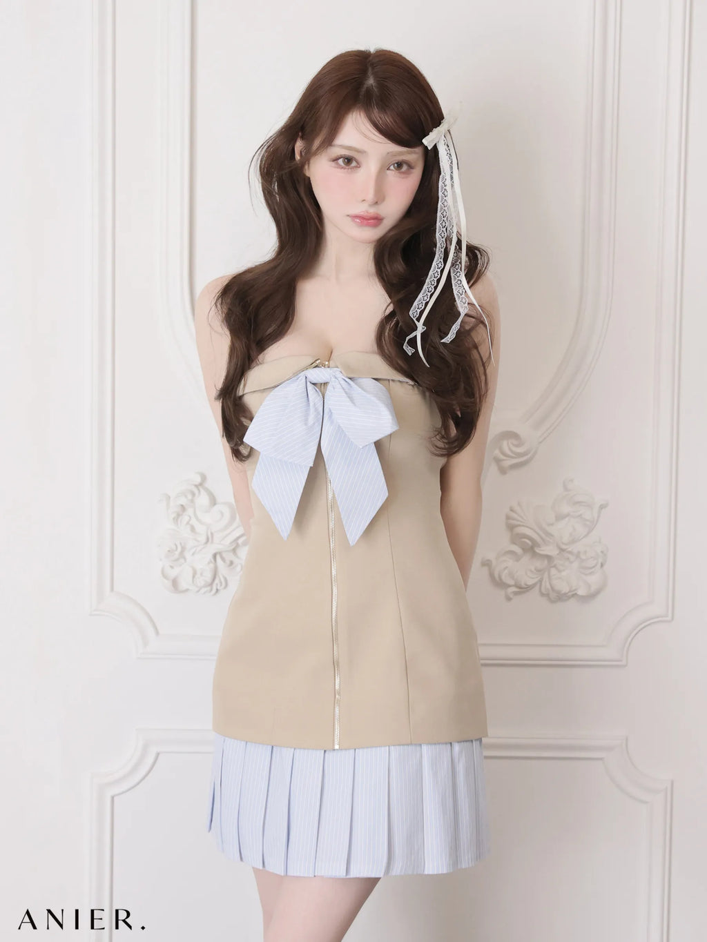 springstripe ribbon bare mini dress（anier4067）