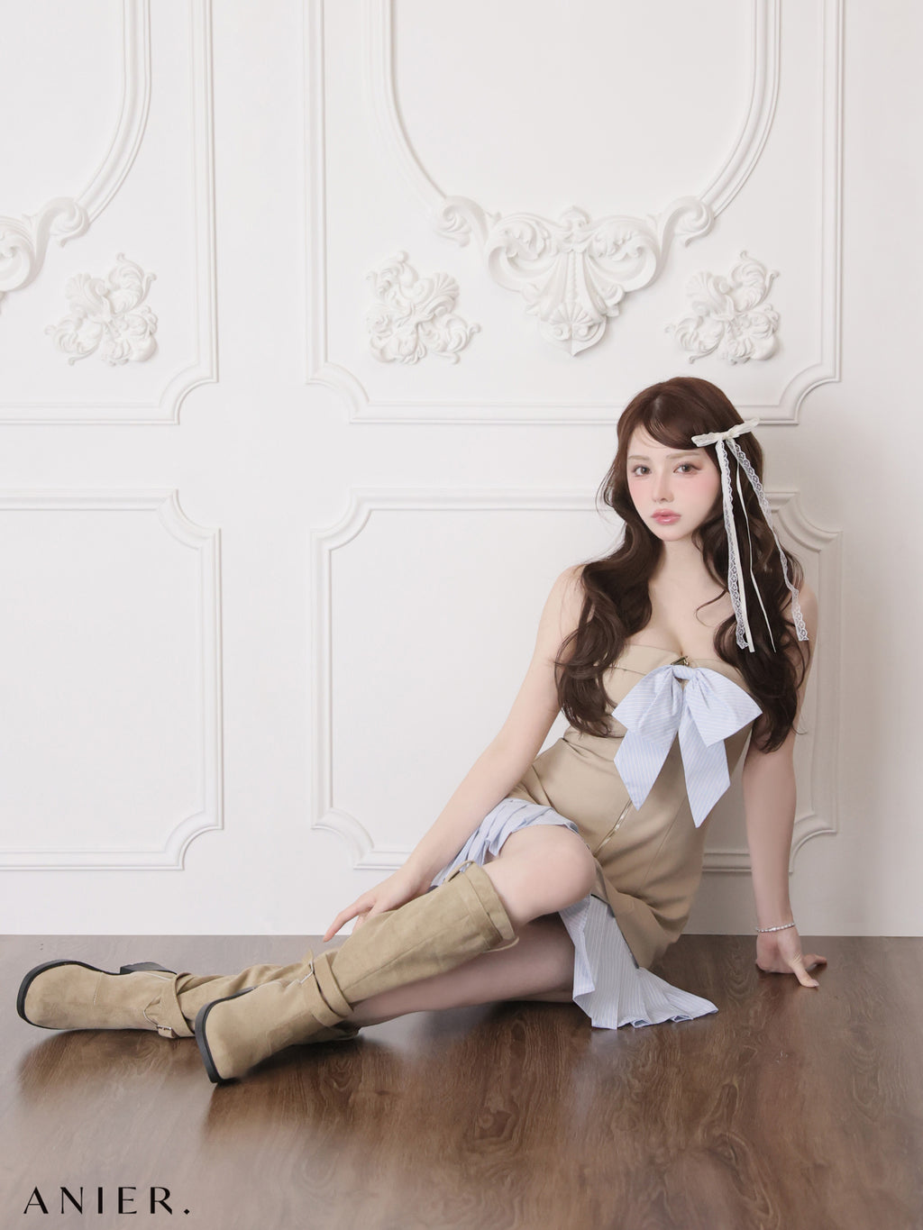 【XSサイズあり】 springstripe ribbon bare mini dress（anier4067）