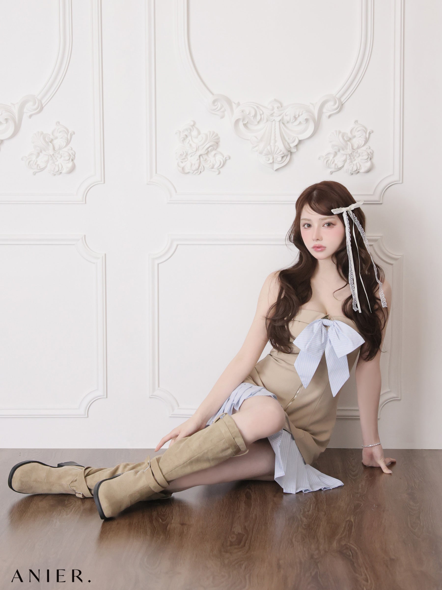 【XSサイズあり】 springstripe ribbon bare mini dress（anier4067）