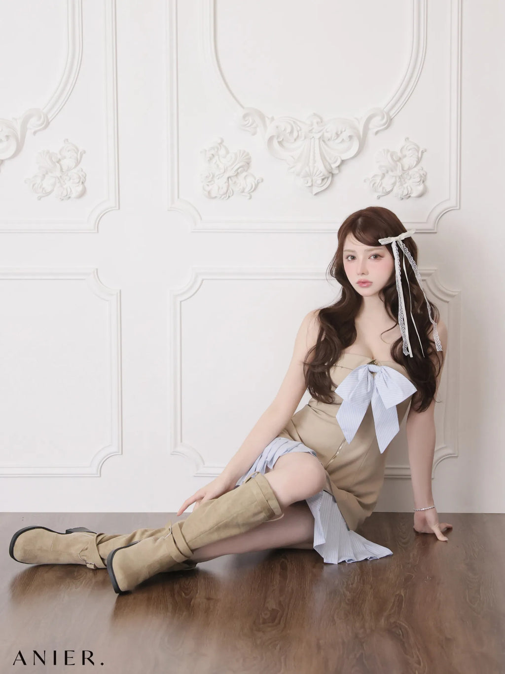 springstripe ribbon bare mini dress（anier4067）