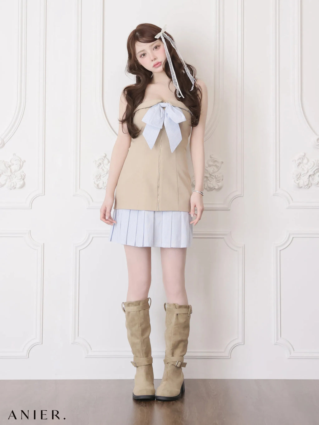 springstripe ribbon bare mini dress（anier4067）