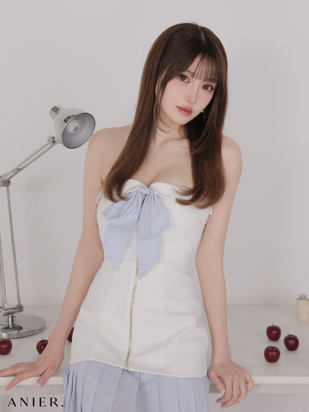 【XSサイズあり】 springstripe ribbon bare mini dress（anier4067）