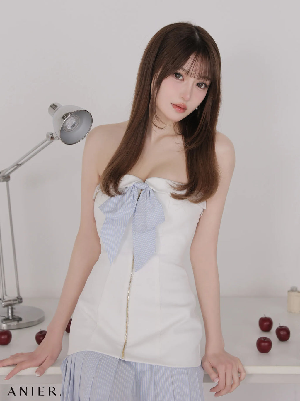 springstripe ribbon bare mini dress（anier4067）