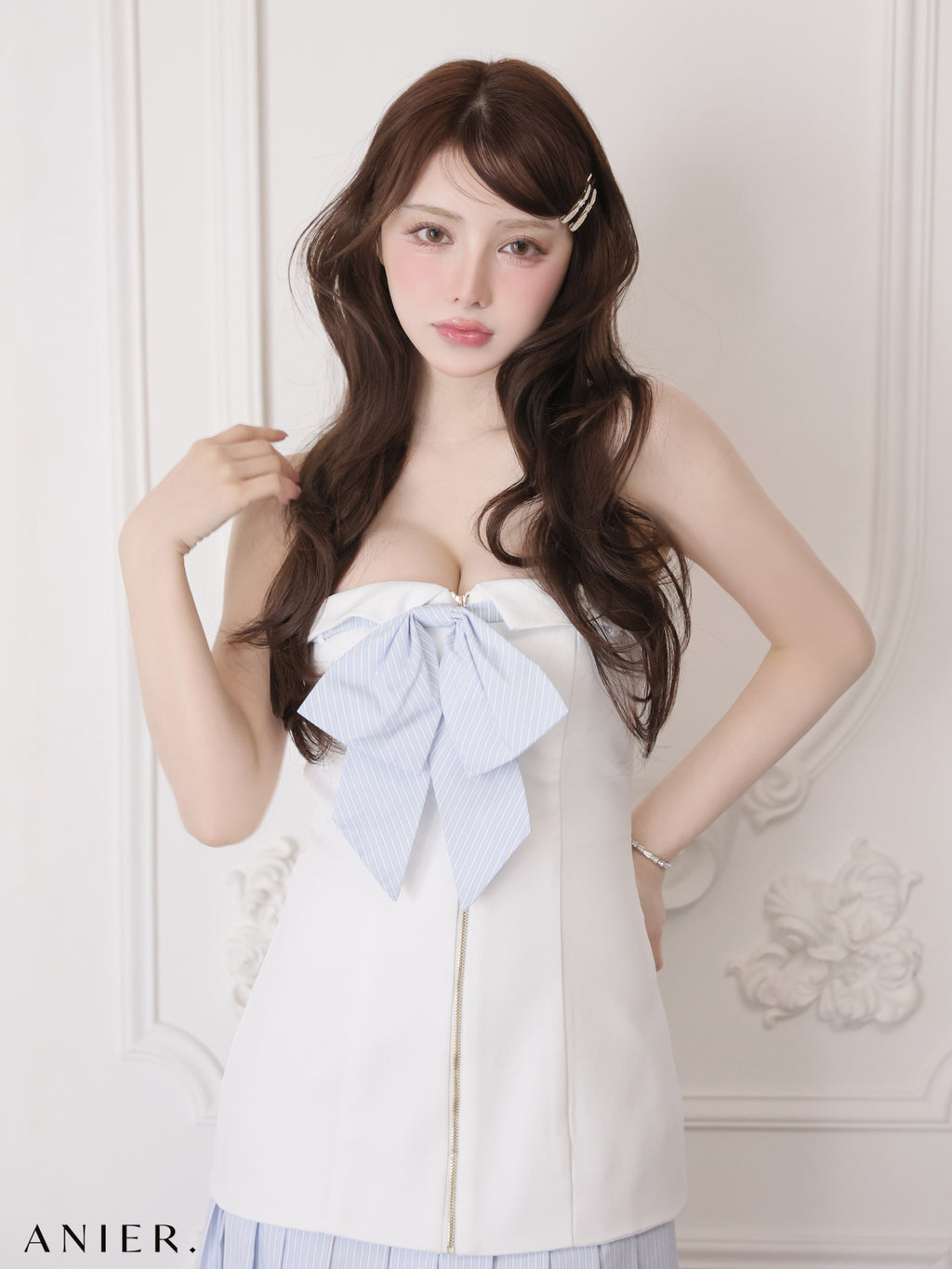【XSサイズあり】 springstripe ribbon bare mini dress（anier4067）