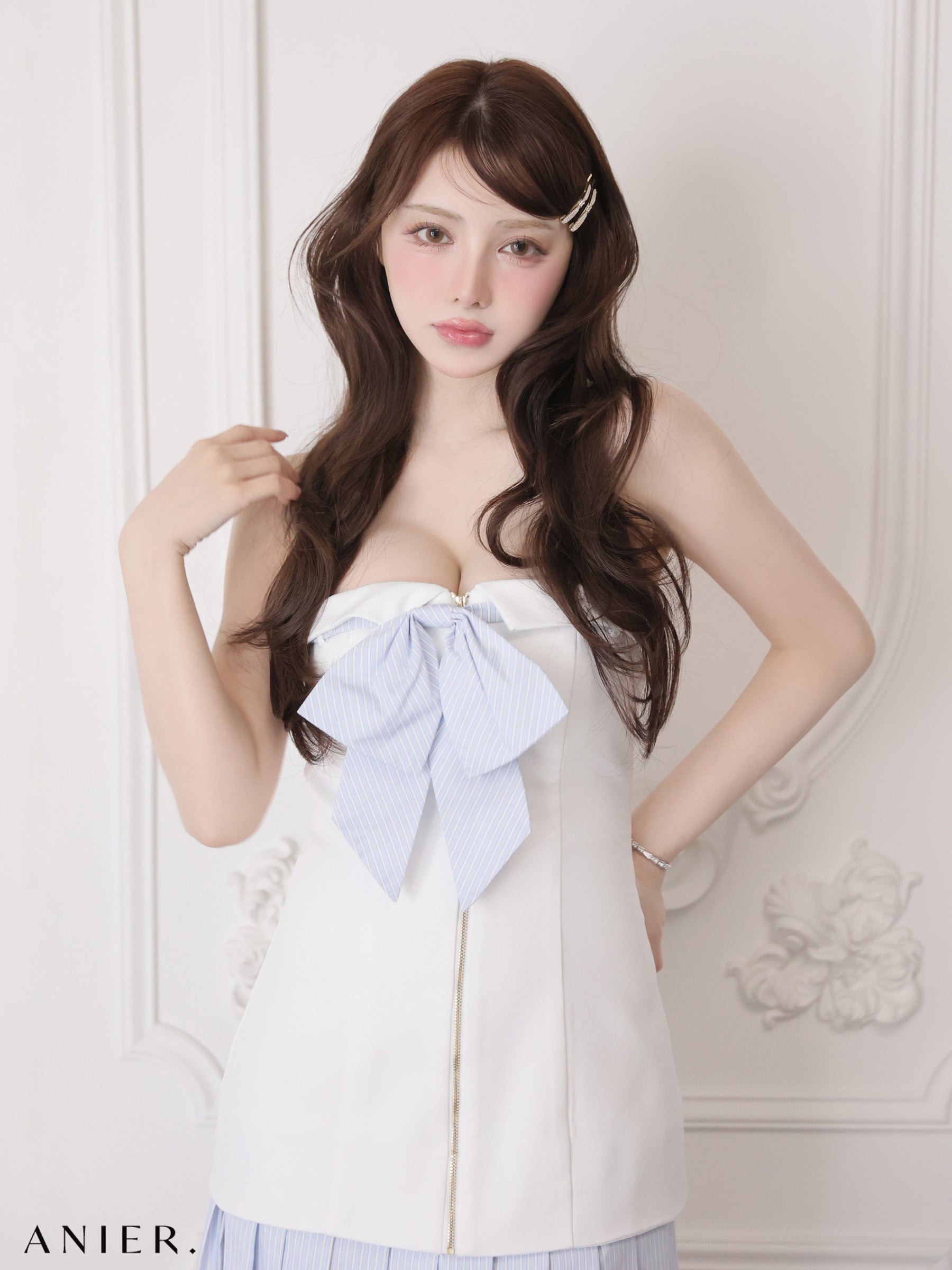 【XSサイズあり】 springstripe ribbon bare mini dress（anier4067）