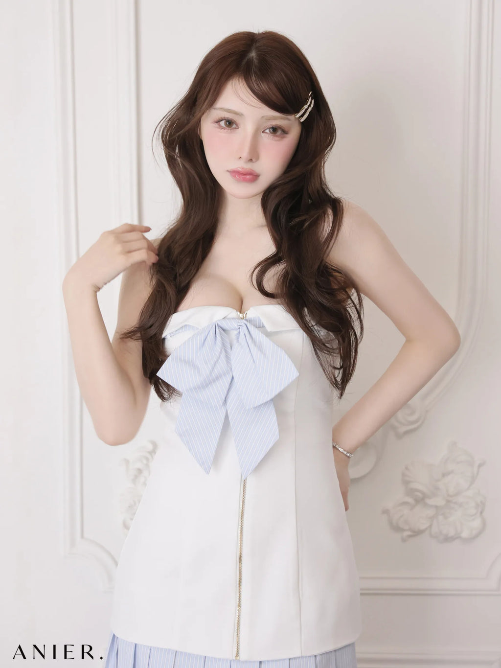 springstripe ribbon bare mini dress（anier4067）