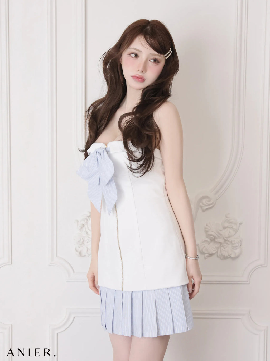 springstripe ribbon bare mini dress（anier4067）