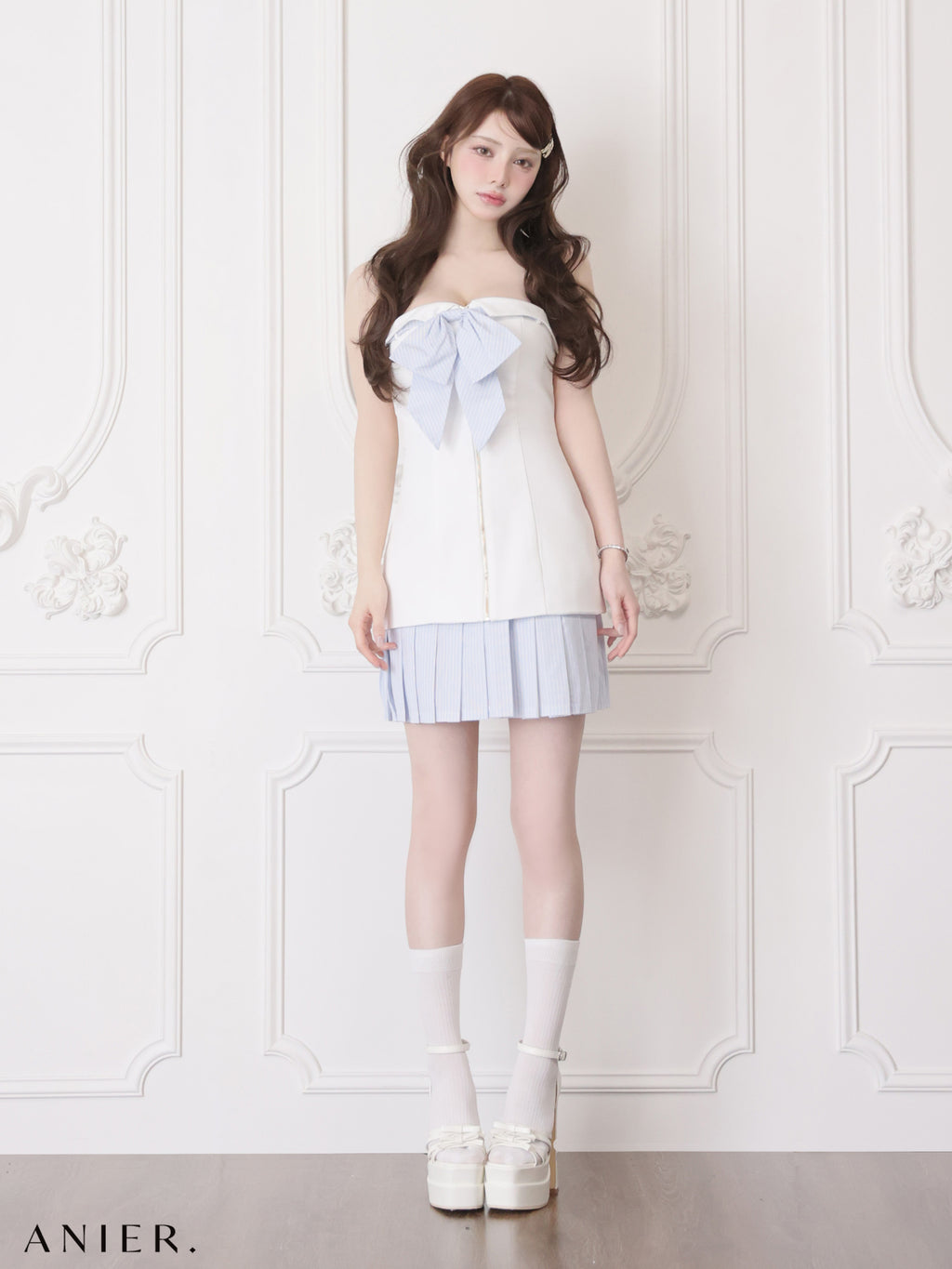 【XSサイズあり】 springstripe ribbon bare mini dress（anier4067）