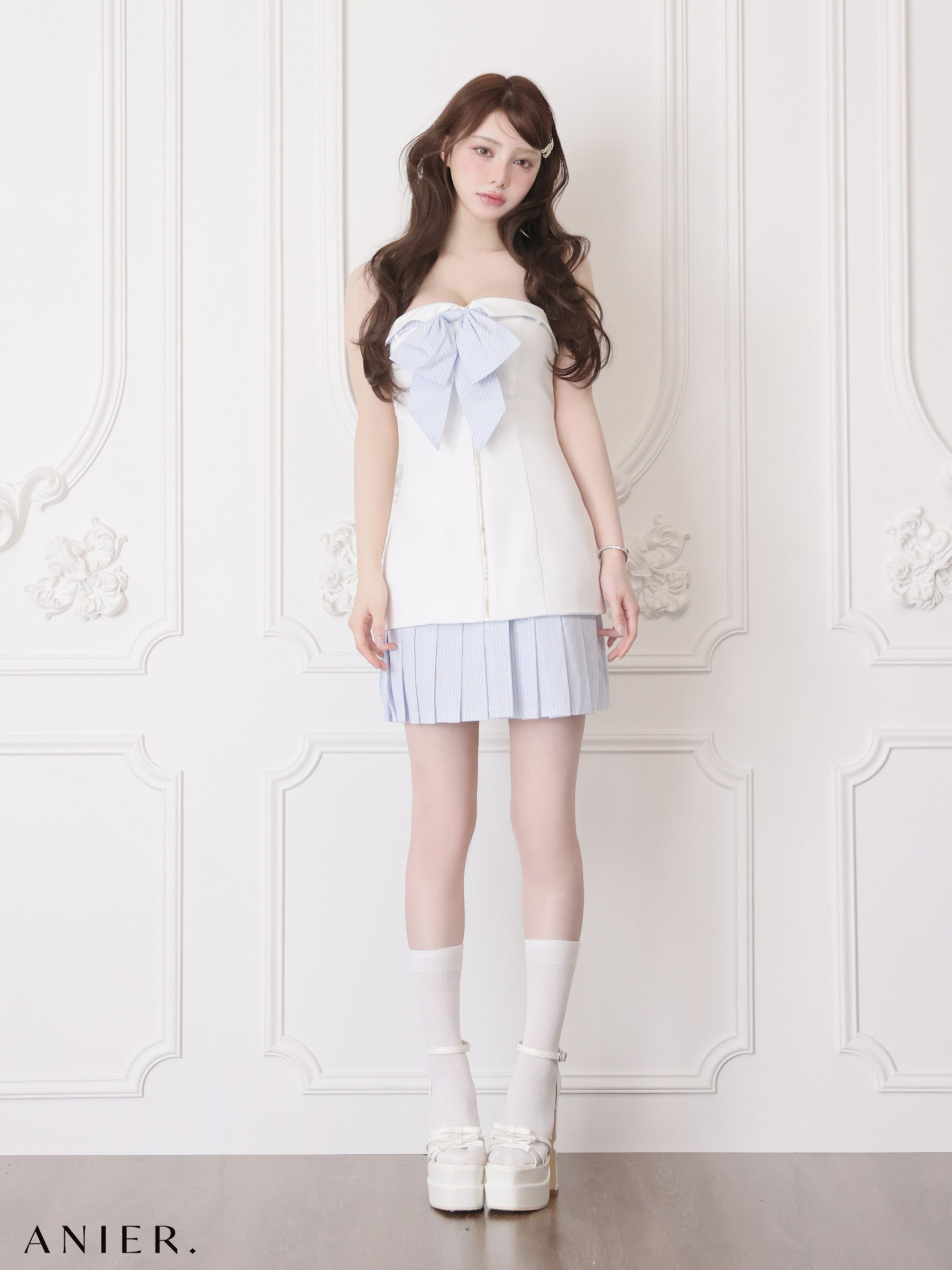 【XSサイズあり】 springstripe ribbon bare mini dress（anier4067）