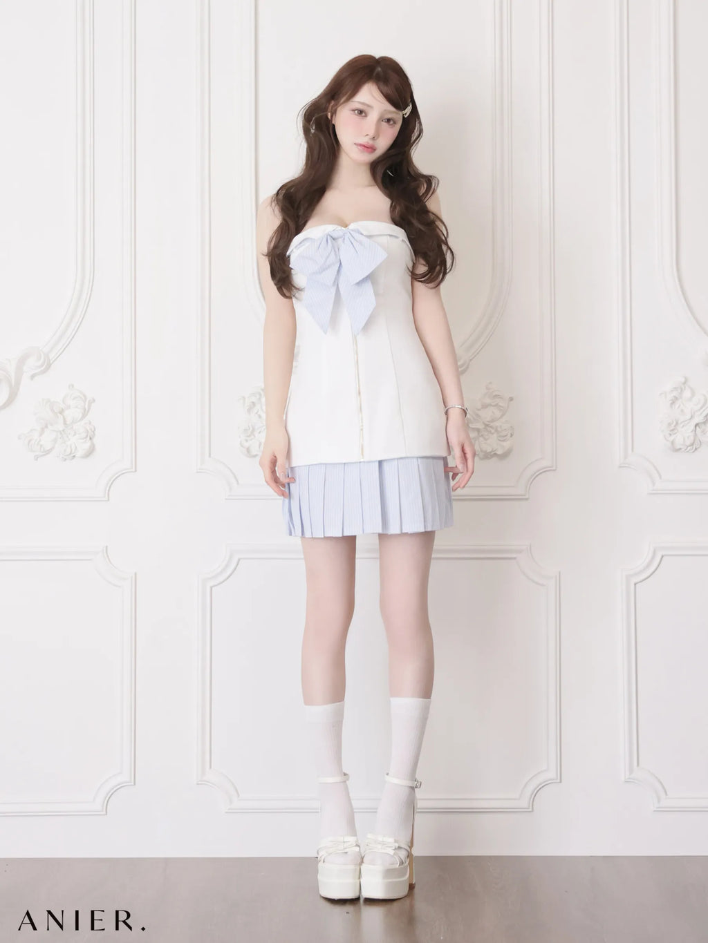 springstripe ribbon bare mini dress（anier4067）