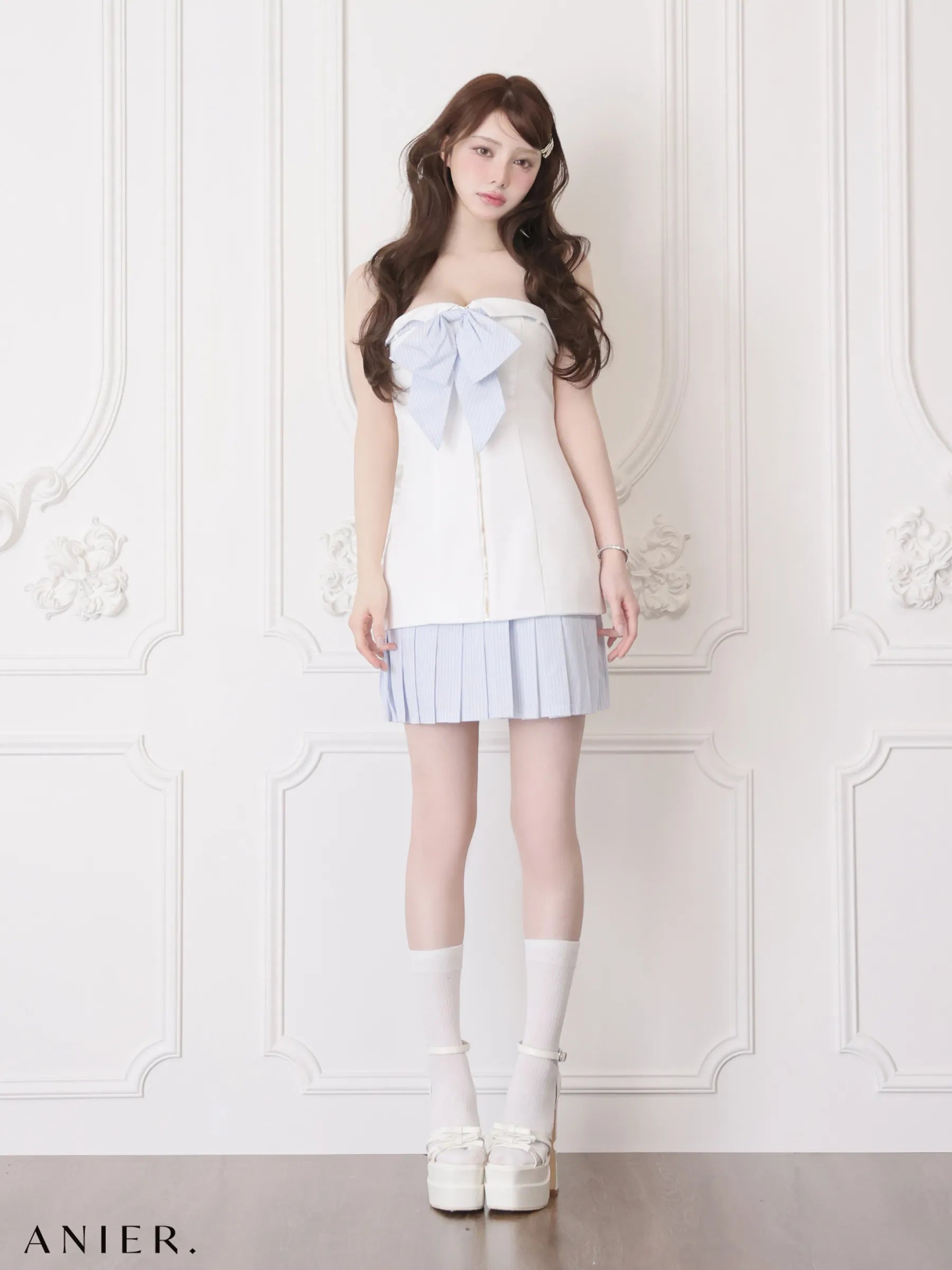 springstripe ribbon bare mini dress（anier4067）