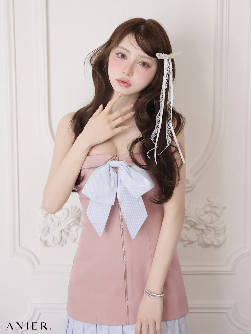 springstripe ribbon bare mini dress（anier4067）