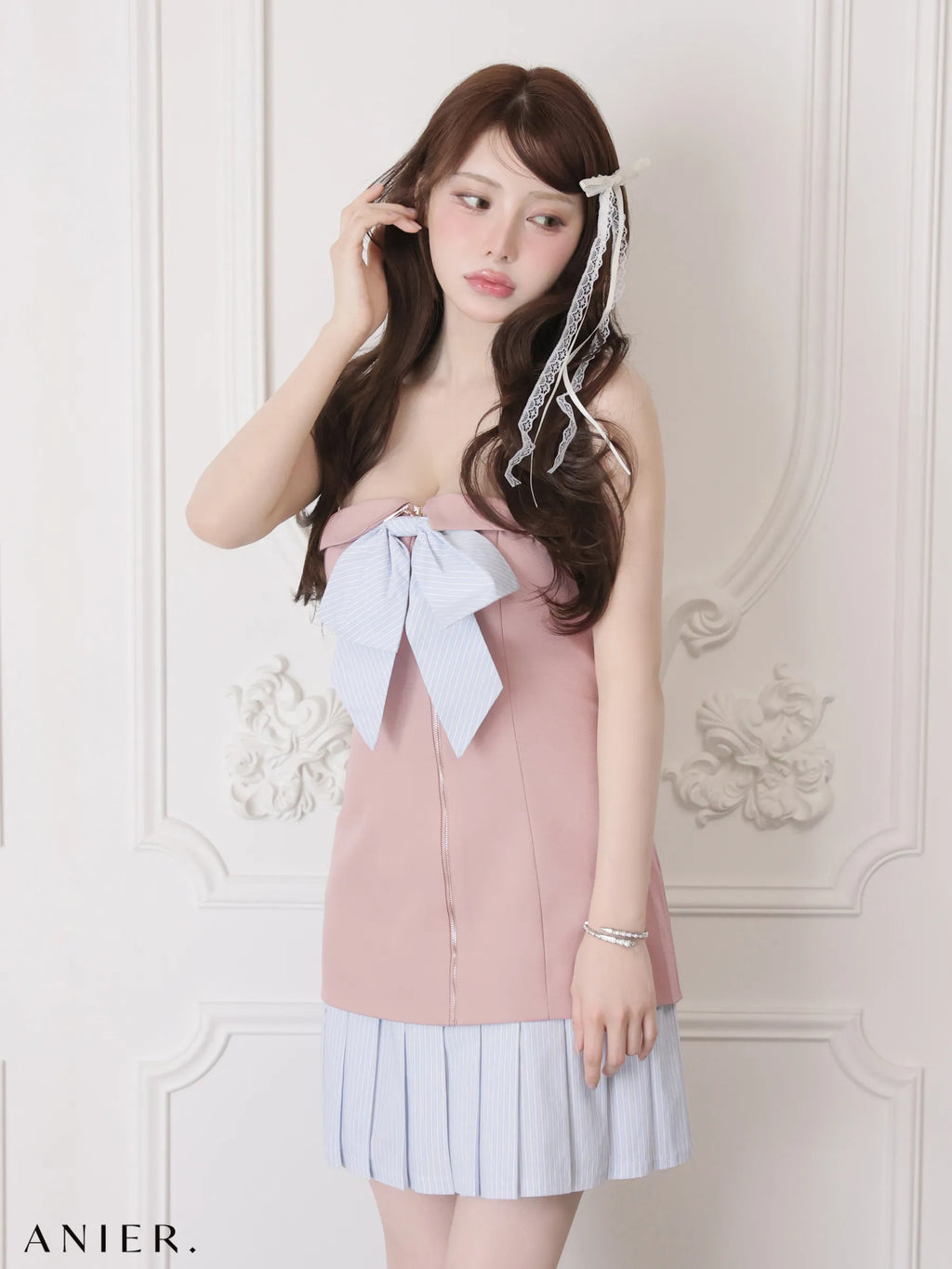 springstripe ribbon bare mini dress（anier4067）