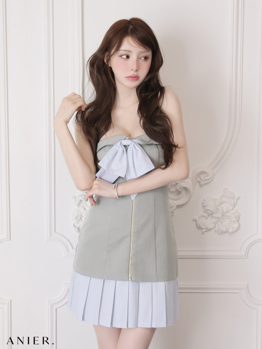 【XSサイズあり】 springstripe ribbon bare mini dress（anier4067）