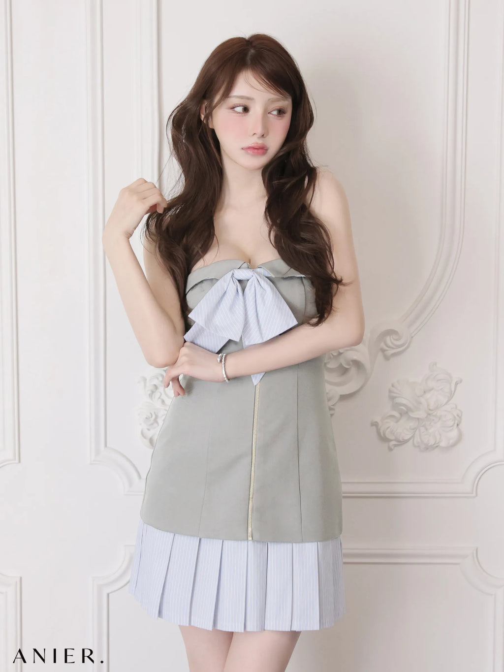 springstripe ribbon bare mini dress（anier4067）