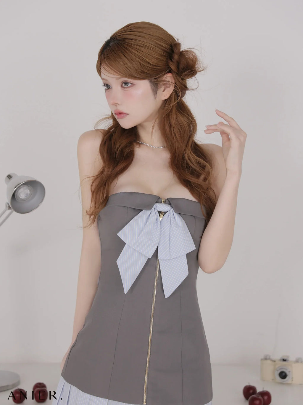 springstripe ribbon bare mini dress（anier4067）