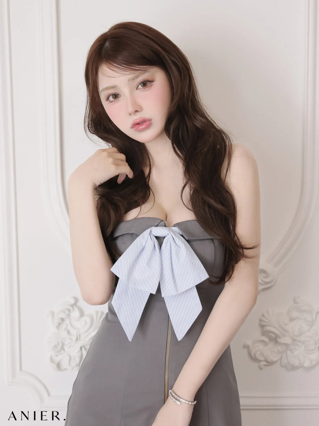 springstripe ribbon bare mini dress（anier4067）