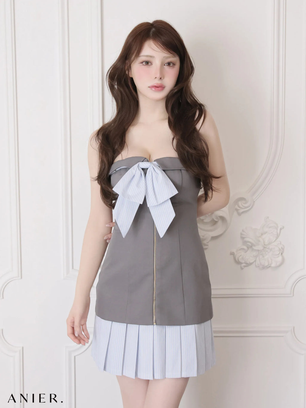 springstripe ribbon bare mini dress（anier4067）