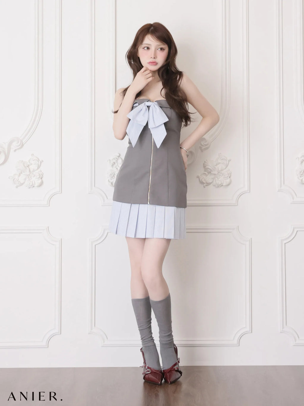 springstripe ribbon bare mini dress（anier4067）