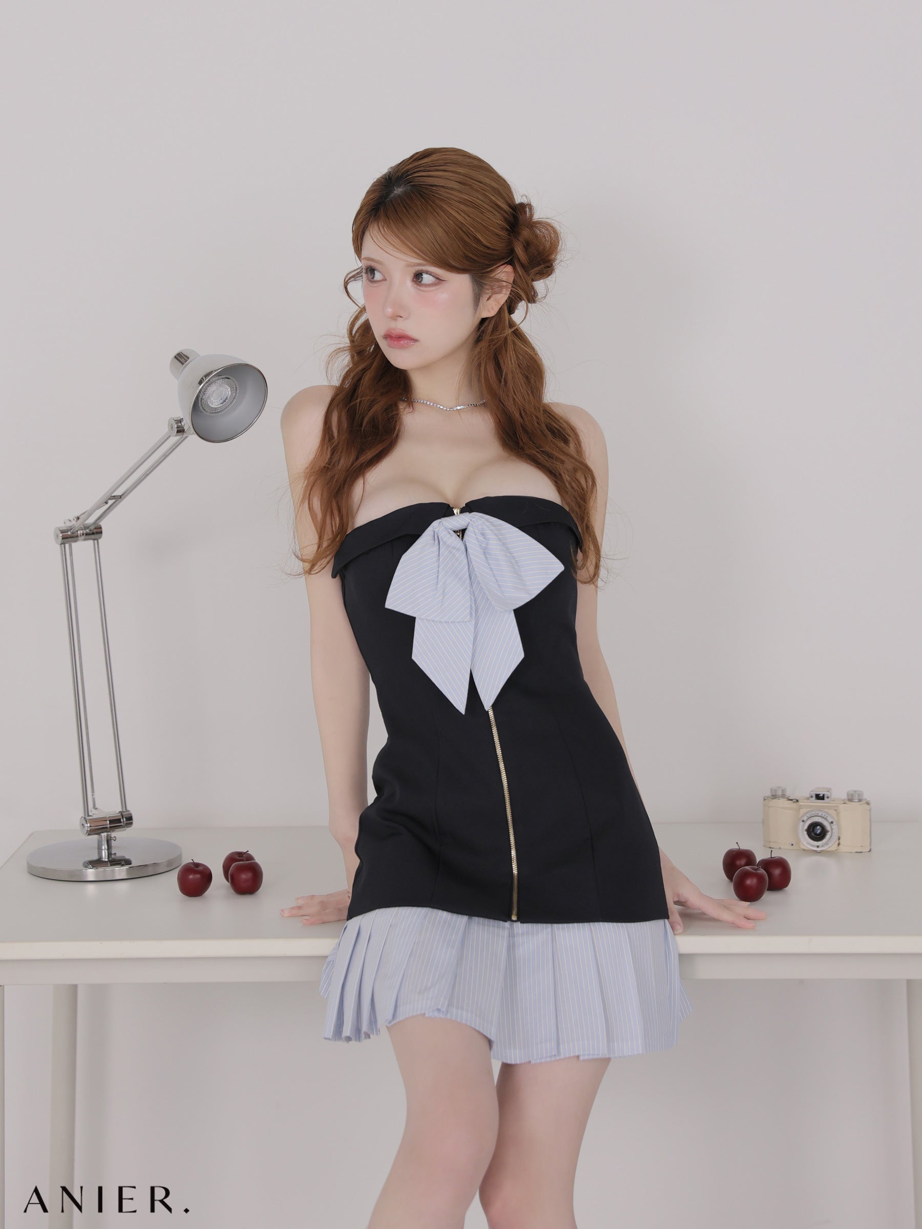 【XSサイズあり】 springstripe ribbon bare mini dress（anier4067）