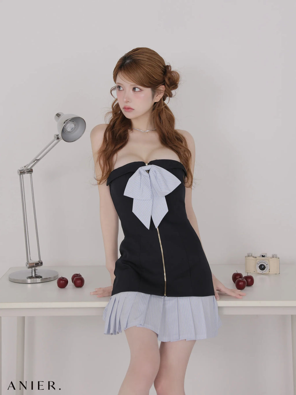 springstripe ribbon bare mini dress（anier4067）