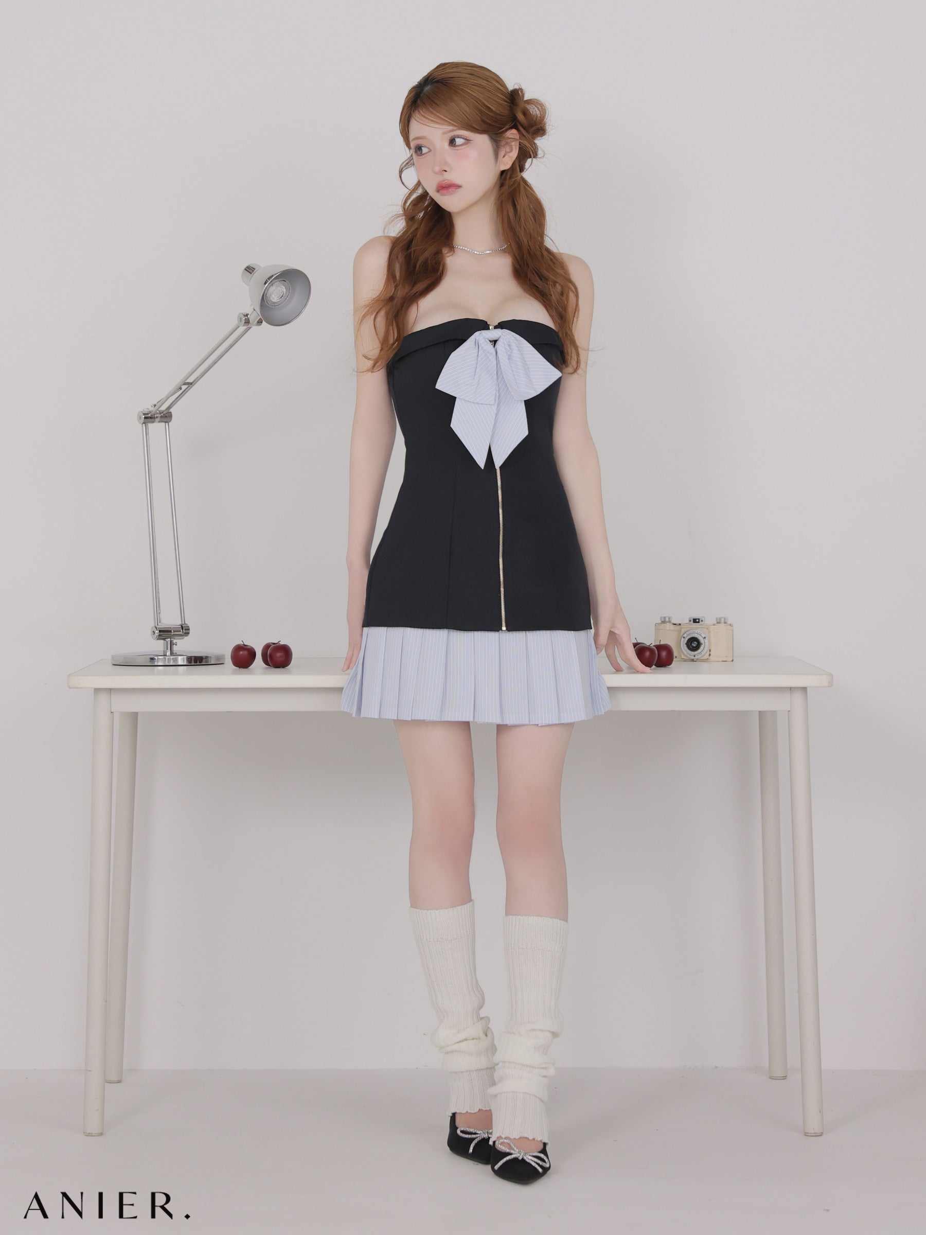 【XSサイズあり】 springstripe ribbon bare mini dress（anier4067）