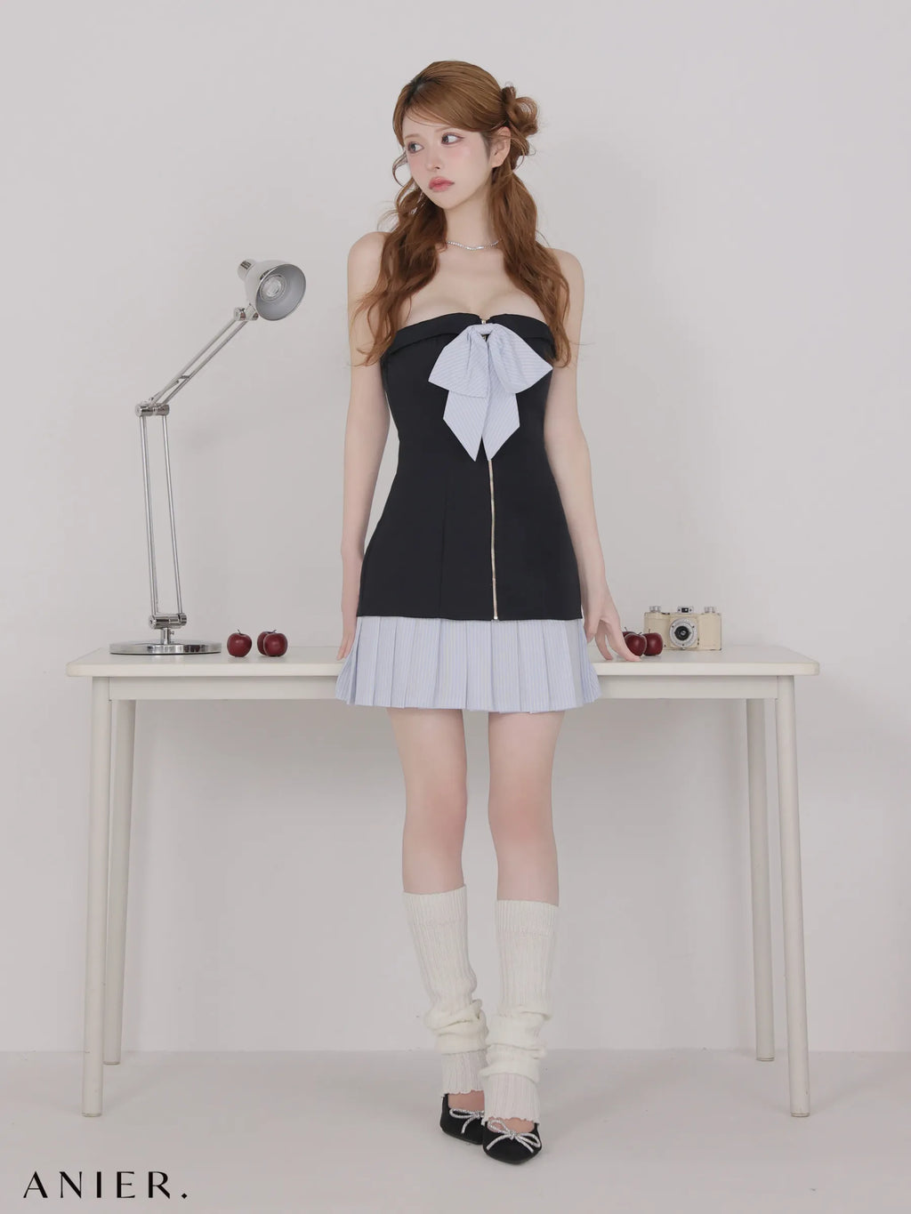 springstripe ribbon bare mini dress（anier4067）
