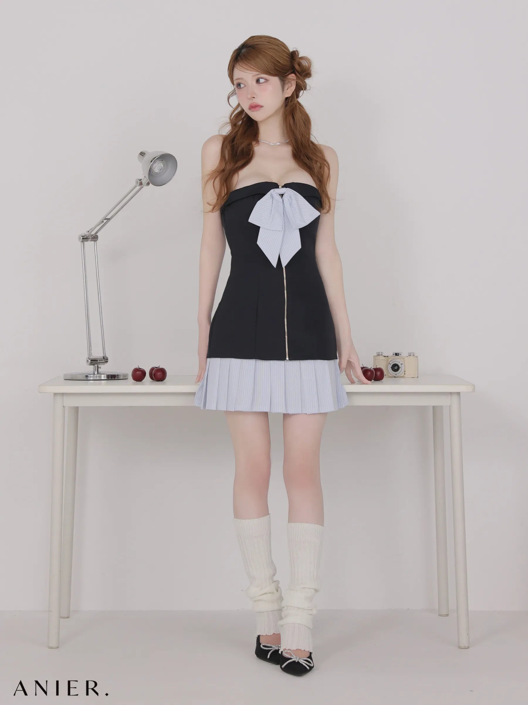 springstripe ribbon bare mini dress（anier4067）