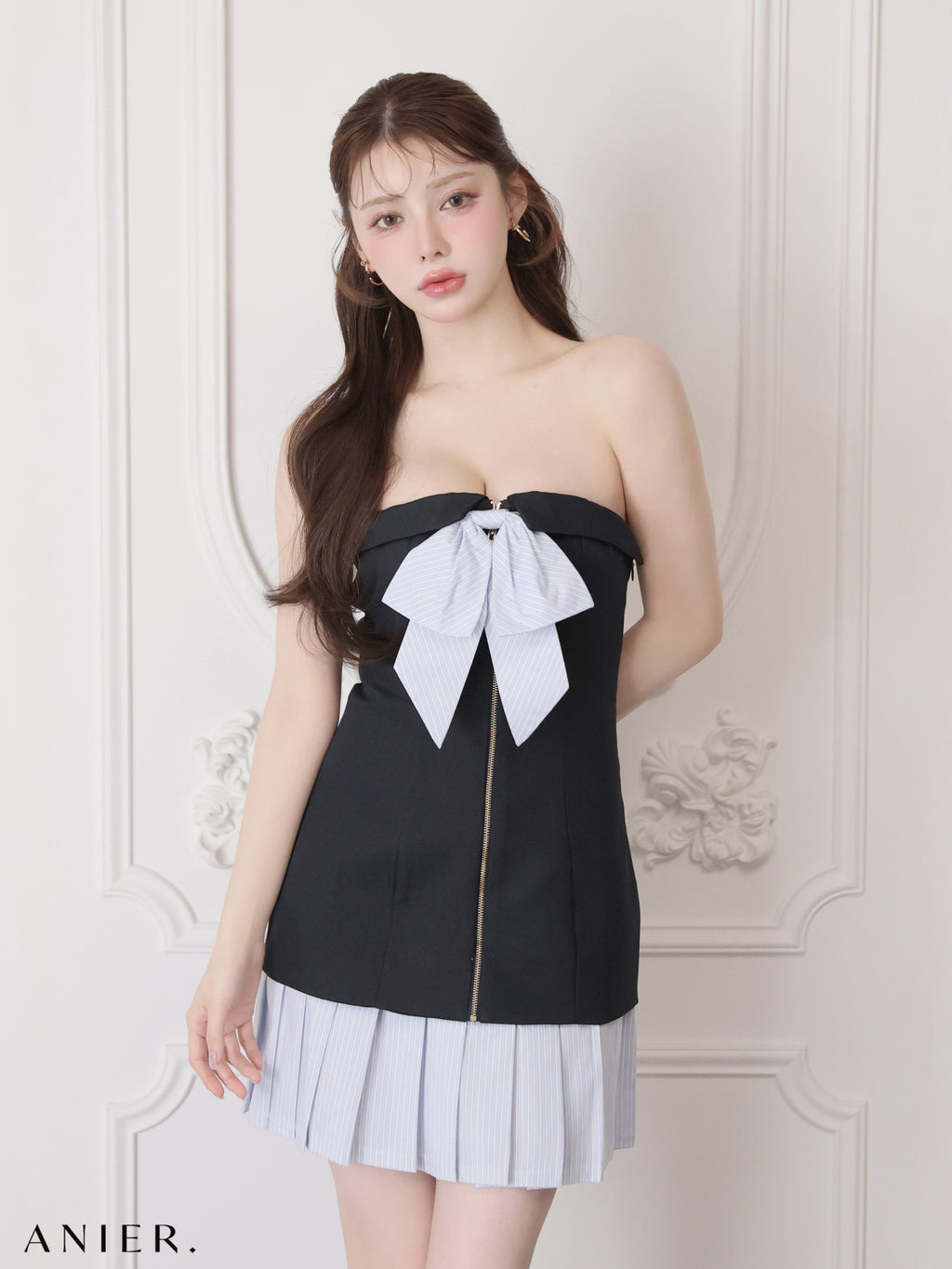 【XSサイズあり】 springstripe ribbon bare mini dress（anier4067）