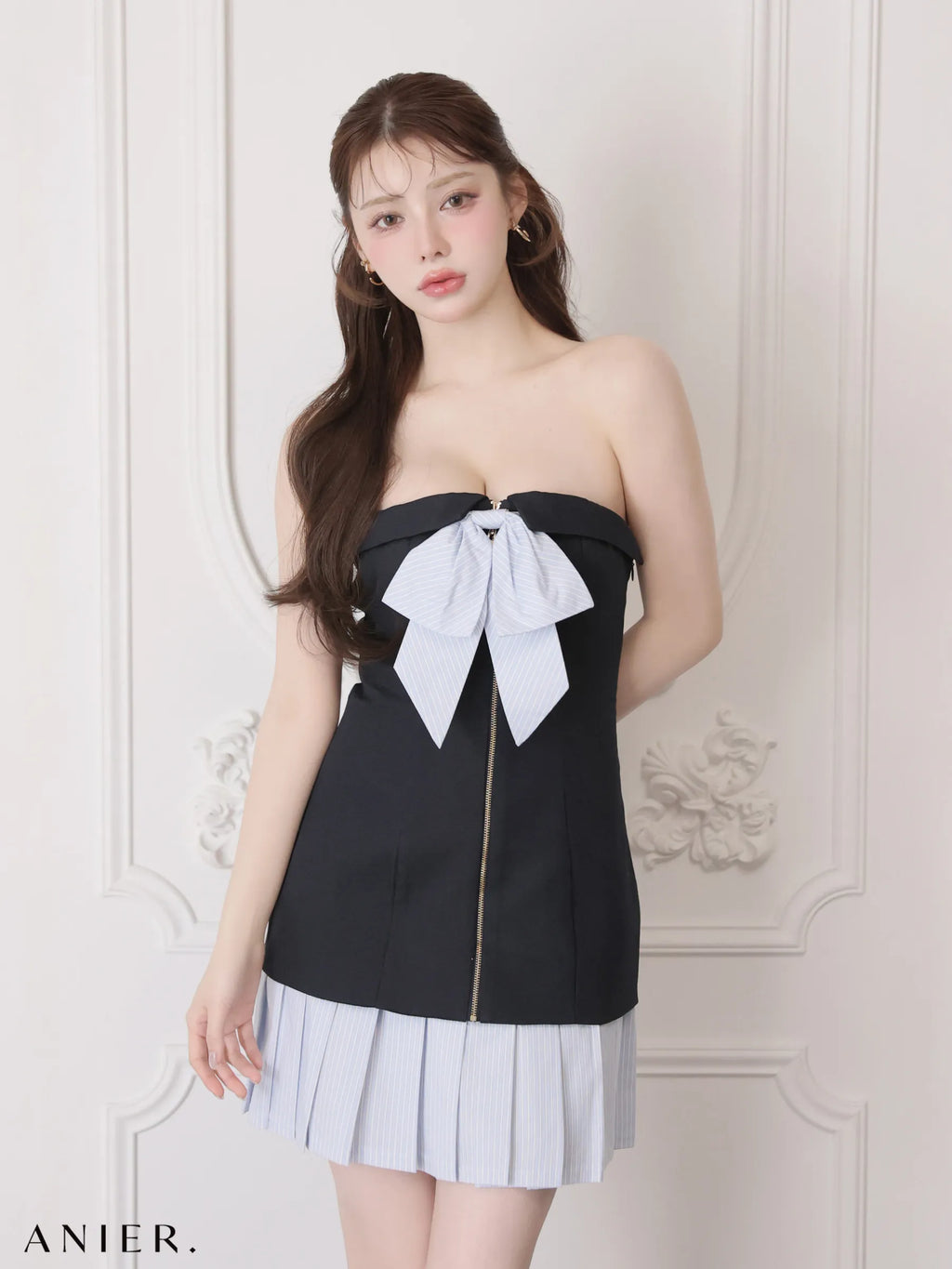 springstripe ribbon bare mini dress（anier4067）