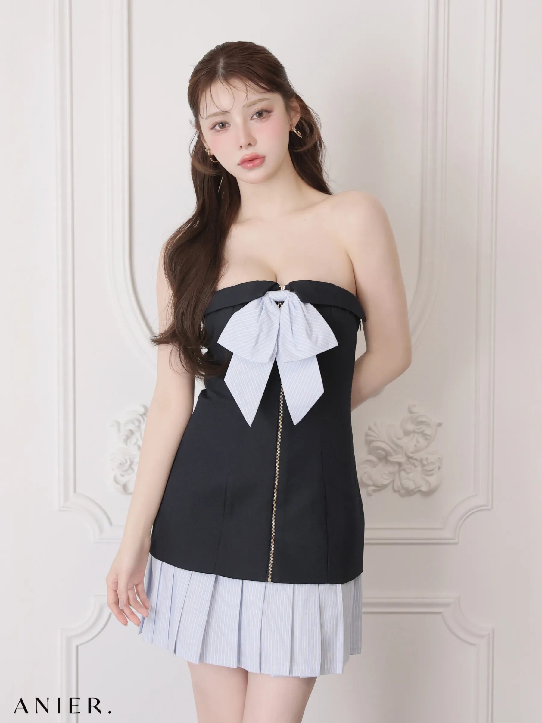 springstripe ribbon bare mini dress（anier4067）