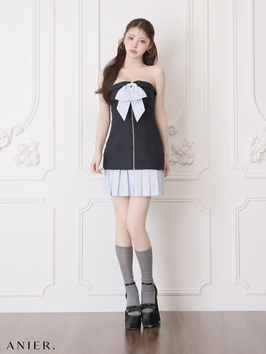 【XSサイズあり】 springstripe ribbon bare mini dress（anier4067）