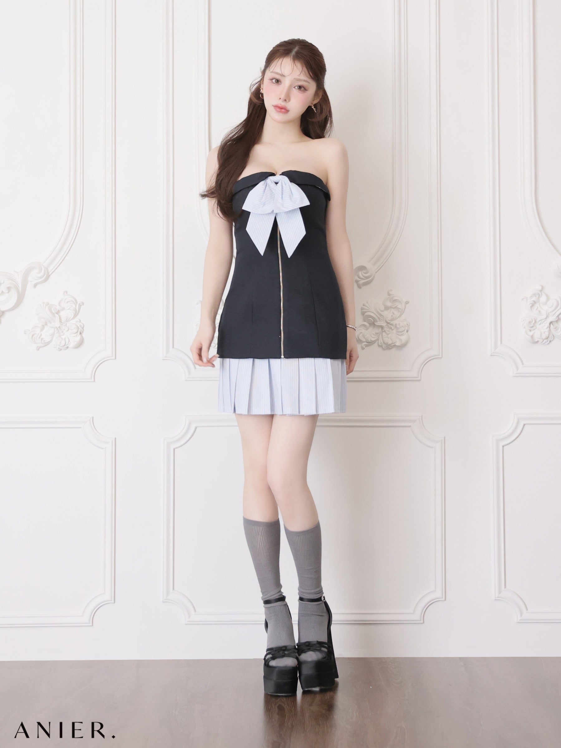 【XSサイズあり】 springstripe ribbon bare mini dress（anier4067）