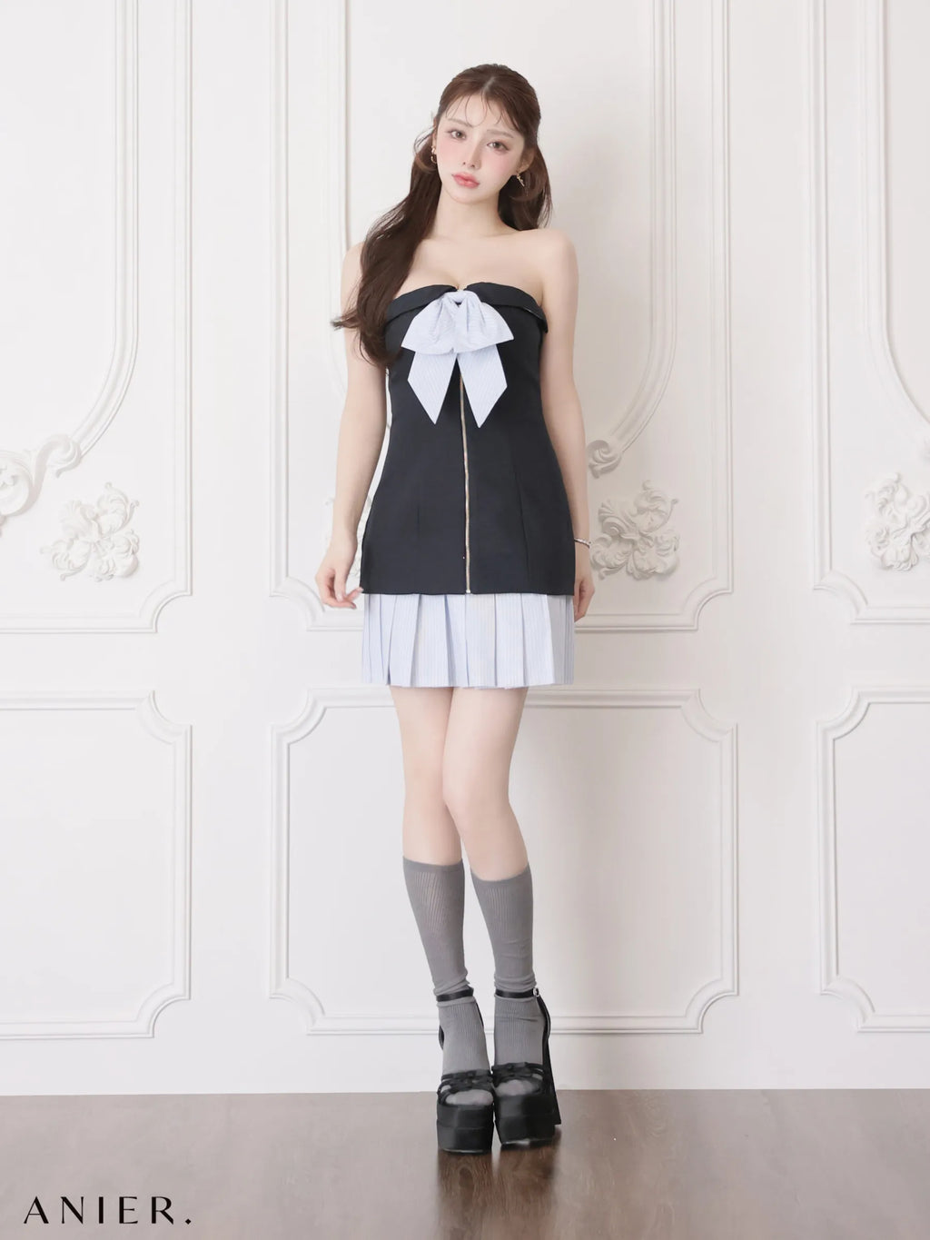 springstripe ribbon bare mini dress（anier4067）