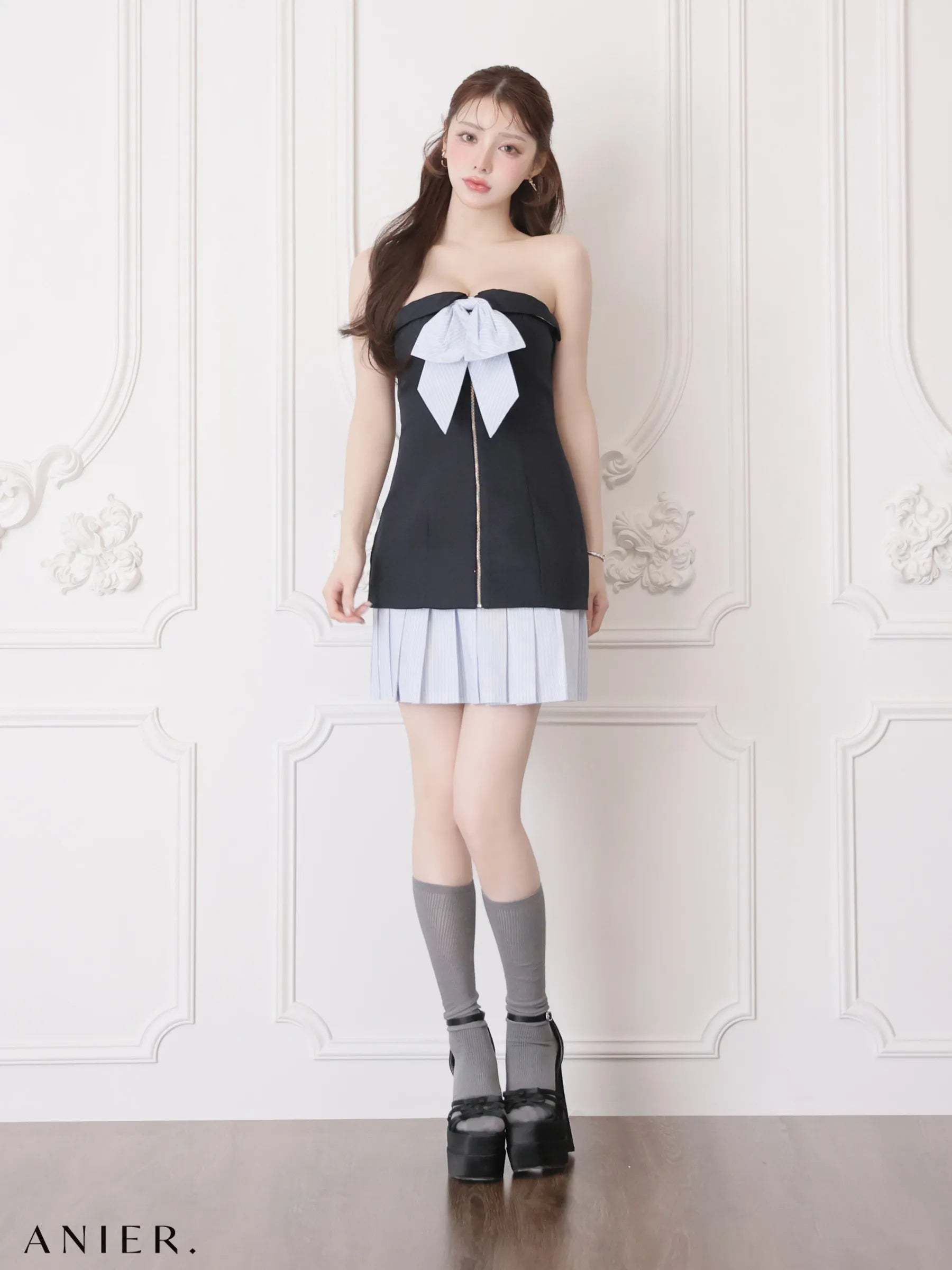 springstripe ribbon bare mini dress（anier4067）