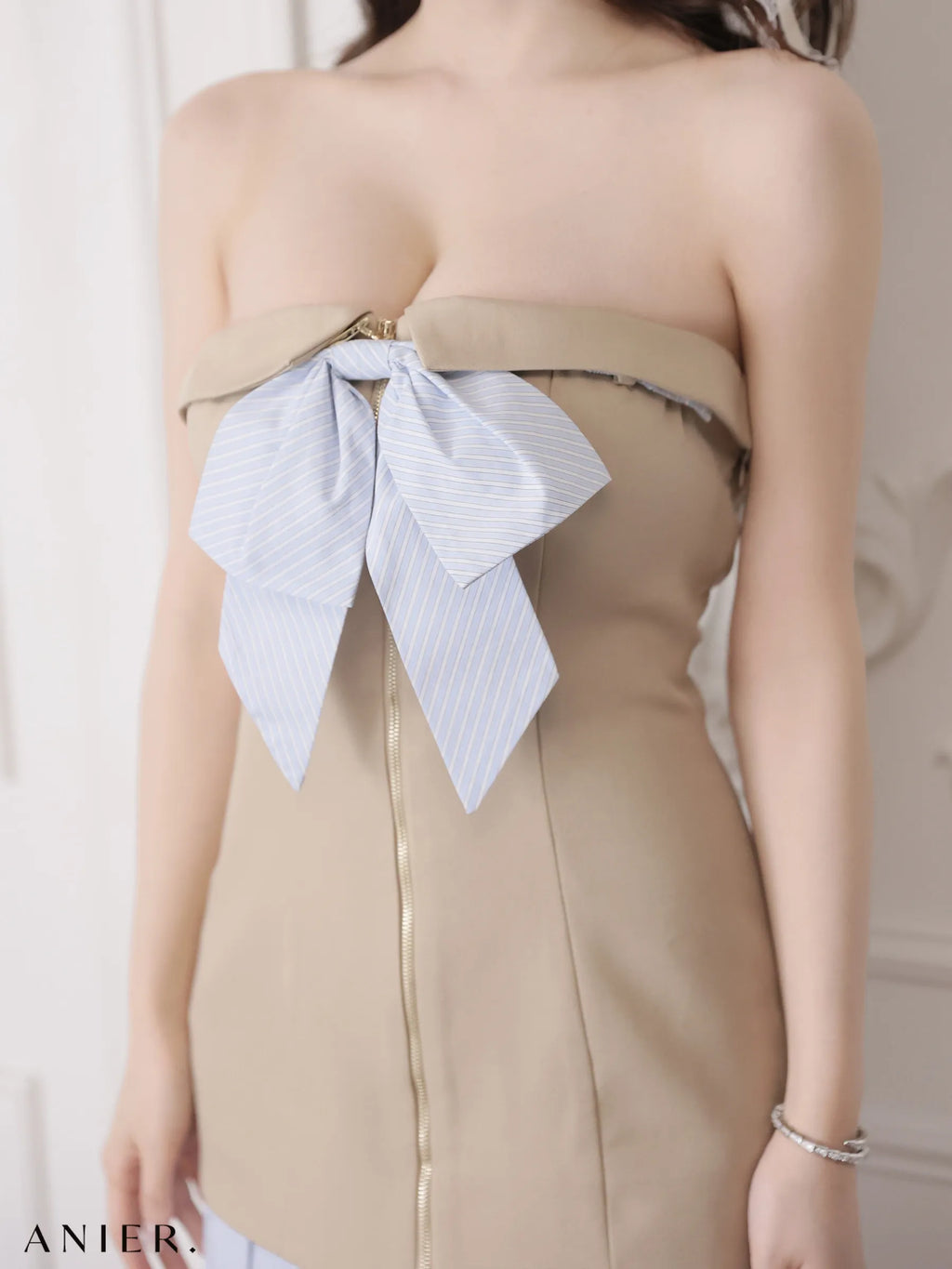 springstripe ribbon bare mini dress（anier4067）