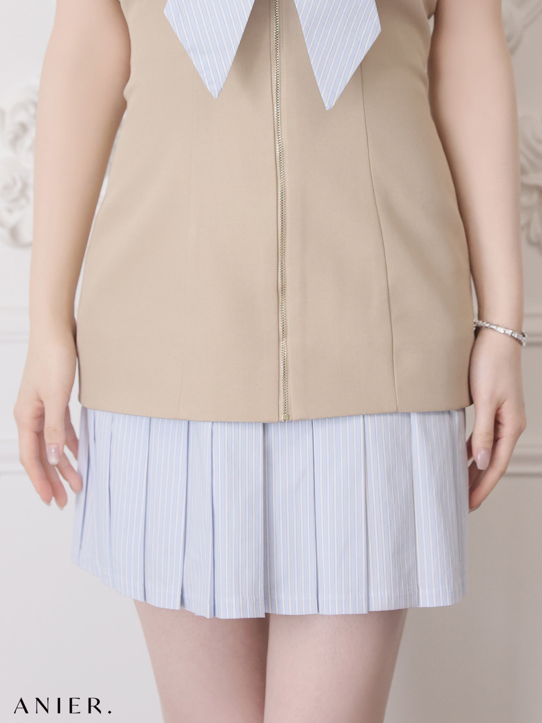 【XSサイズあり】 springstripe ribbon bare mini dress（anier4067）