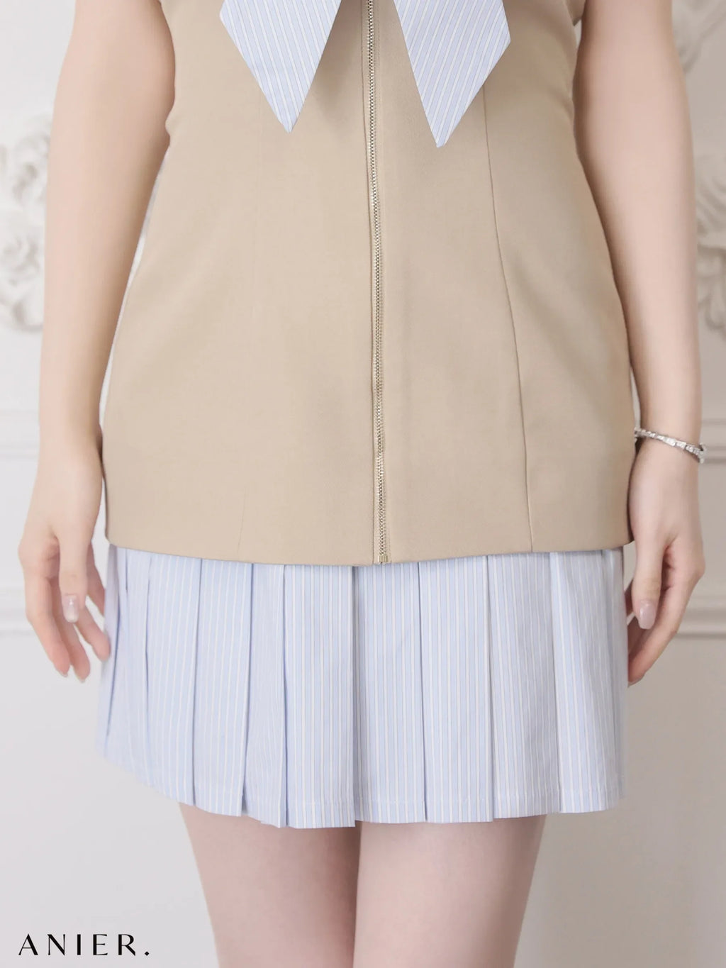 springstripe ribbon bare mini dress（anier4067）