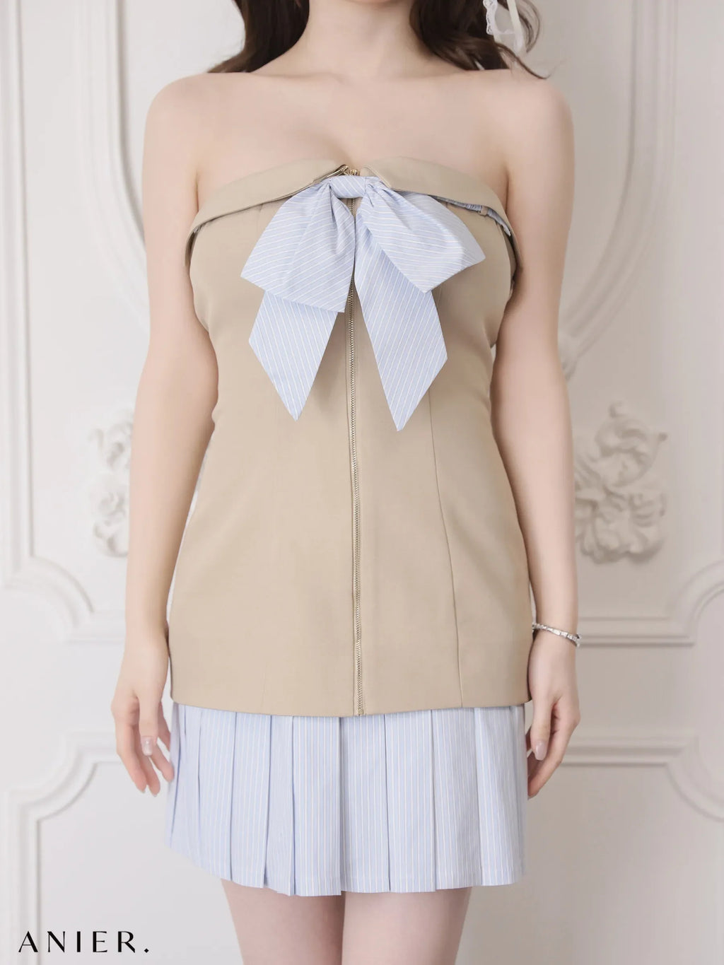 springstripe ribbon bare mini dress（anier4067）