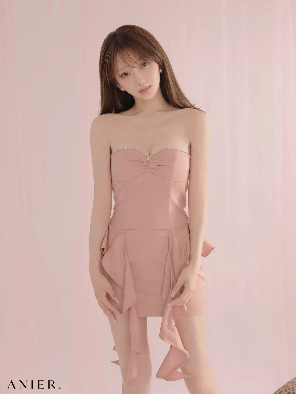 Minimal bijou trim ruffled mini dress (anier4080)