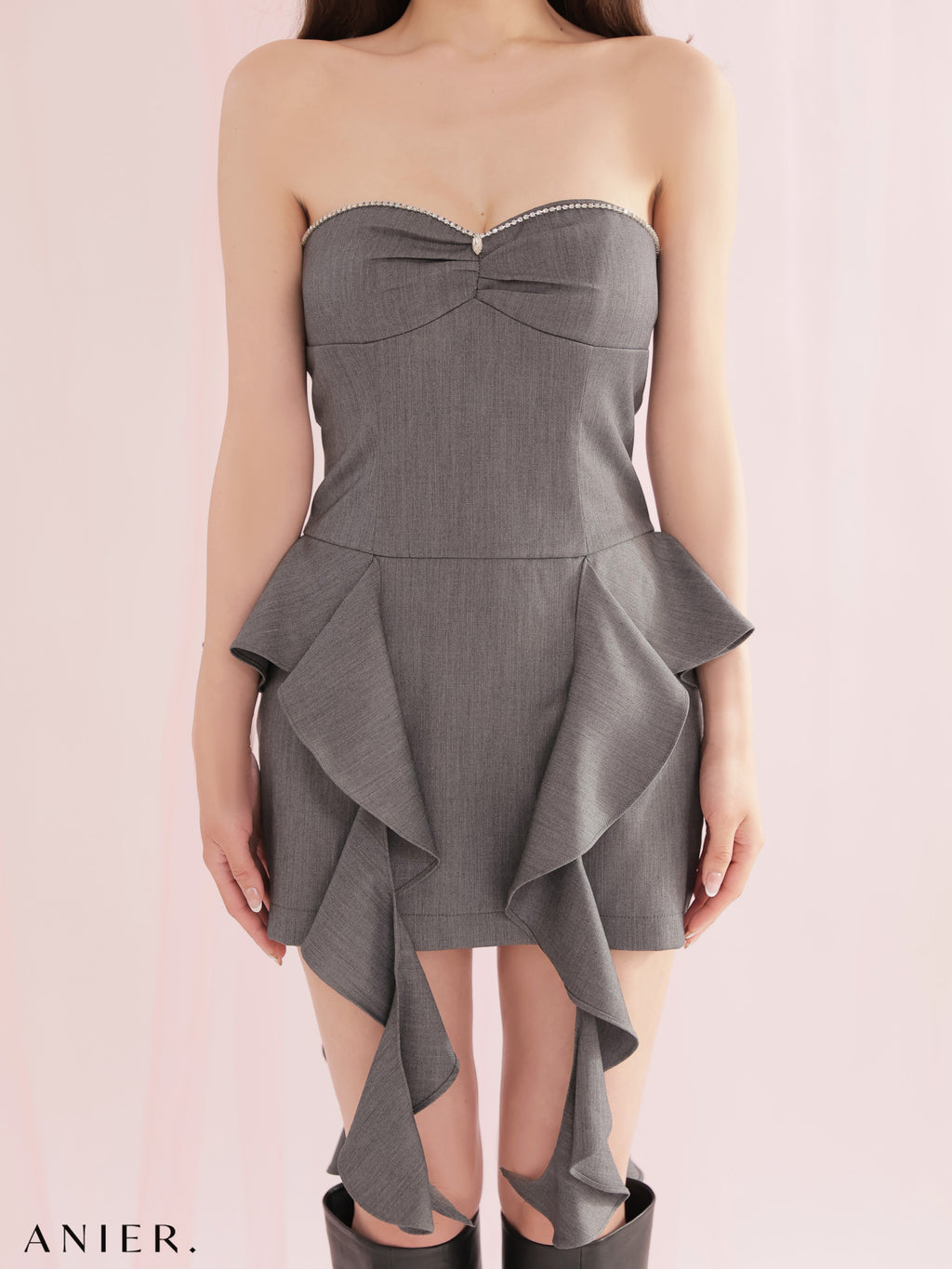 【XSサイズあり】Minimal bijou trim ruffled mini dress (anier4080)
