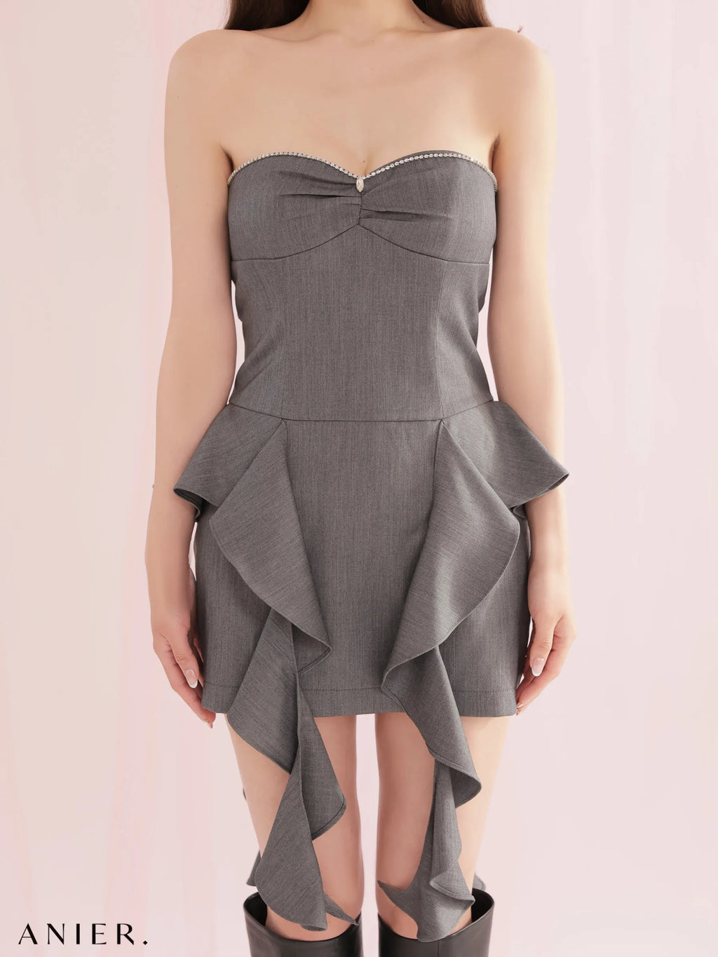 Minimal bijou trim ruffled mini dress (anier4080)
