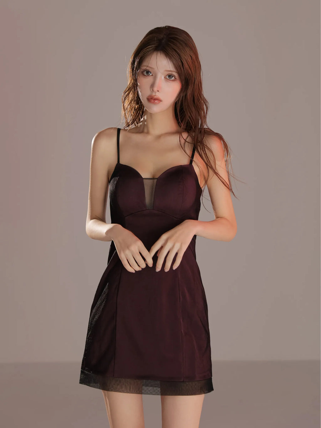 Sheer Overlay Mini Dress(anier4093)