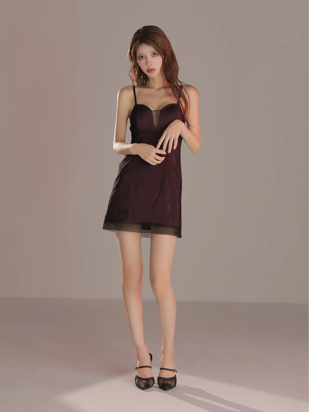 Sheer Overlay Mini Dress(anier4093)